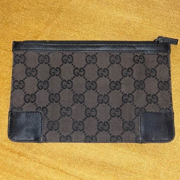 Gucci Brown GG Logo Pattern Canvas Cosmetic Pouch w/Leather Trim - Picture 1 of 9